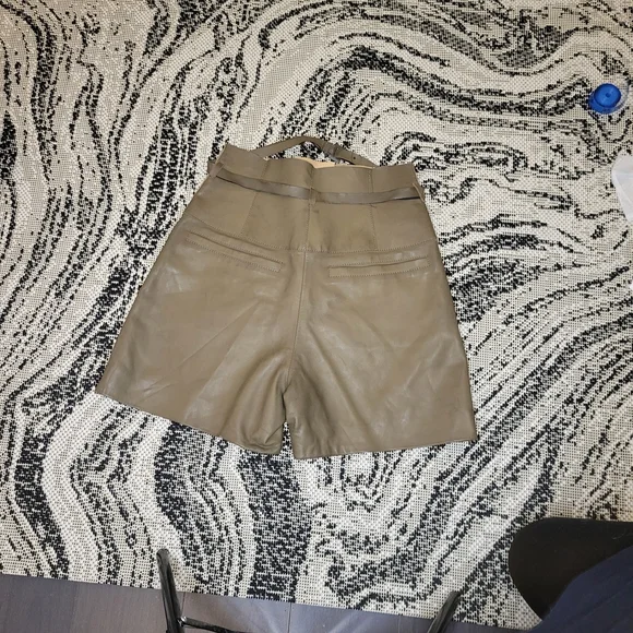 Valentino High-Waist Lamb Leather Shorts in Olive Tan - Picture 2 of 4